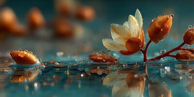 Water droplets on delicate flowers floating serenely in a tranquil pond at dawn photo