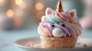 Colorful unicorn cupcake displayed on a plate with festive decoration during a joyful celebration photo