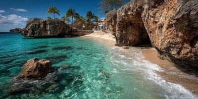 Serene beach with clear turquoise water and rocky shoreline on a sunny day in tropical paradise photo