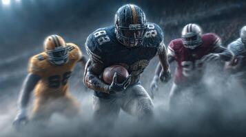Intense football action captured on the field with players in motion during a game on a foggy night photo
