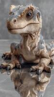 Realistic dinosaur creature resting on a reflective surface in a studio setting under soft lighting photo