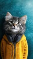 Cat wearing headphones in a cozy yellow hoodie against a turquoise backdrop photo