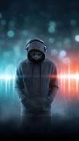 Unique blend of human and cat features showcases an urban vibe in a vibrant, digital backdrop photo