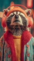 Raccoon wearing stylish outfit and headphones enjoys music in a vibrant urban setting at night photo