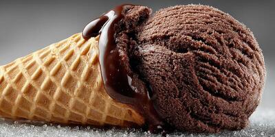 Delicious chocolate ice cream in a cone with melted chocolate drizzled on top at a dessert shop photo