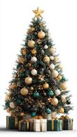 Elegantly decorated Christmas tree adorned with gold and teal ornaments surrounded by festive gift boxes photo