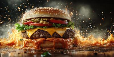 Juicy burger with melted cheese surrounded by fiery splashes of sauce on a dark background photo