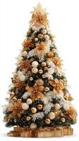 Elegant Christmas tree adorned with gold and white decorations, located indoors, surrounded by wrapped gifts during the festive season photo