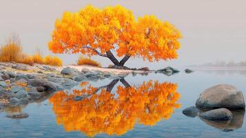 Vibrant autumn tree reflects beautifully in a calm river during early morning light near a rocky shore photo