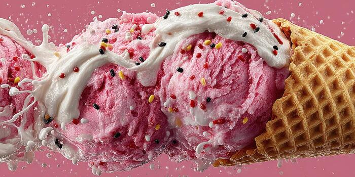 Delicious pink ice cream with whipped cream and colorful sprinkles in a waffle cone against a vibrant background photo