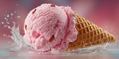 Delicious pink ice cream cone splashes water in vibrant outdoor setting on a sunny day photo