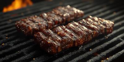 Delicious grilled steak sizzling over hot barbecue coals in a backyard setting during a summer afternoon gathering photo
