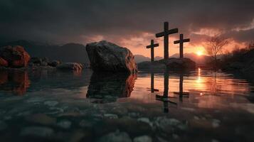 Three wooden crosses reflected in calm water at sunset near mountains under a dramatic sky photo