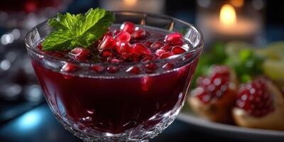 Colorful pomegranate drink served in a glass bowl with mint and berries at a festive evening gathering photo