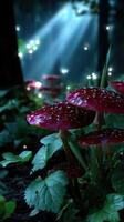 Vibrant red mushrooms flourishing in a mystical forest under ethereal light during a serene evening photo