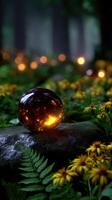 Illuminated crystal sphere rests among vibrant wildflowers in a tranquil forest at dusk photo