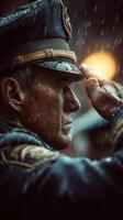 Veteran officer salutes during rain at memorial ceremony honoring fallen heroes photo