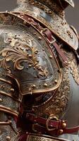 Intricate details of a finely crafted suit of armor showcasing ornate designs and craftsmanship from a historical period photo