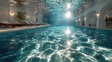 Luxurious indoor swimming pool with shimmering water and elegant lounge chairs in a serene environment photo