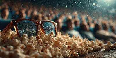 Enjoying a movie experience with popcorn and glasses in a crowded theater during a rainy evening photo