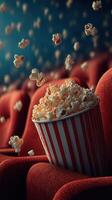 Popcorn spills from a bucket in a movie theater, capturing the excitement of a cinematic experience at night photo