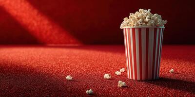 Freshly popped popcorn served in a classic striped cup on a vibrant red background at a movie theater photo
