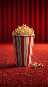 grande a rayas palomitas de maiz Cubeta se sienta en un rojo alfombra en un película teatro con un vibrante rojo cortina fondo foto