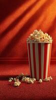 Freshly popped popcorn in striped bucket against a warm orange backdrop in a cozy movie setting photo