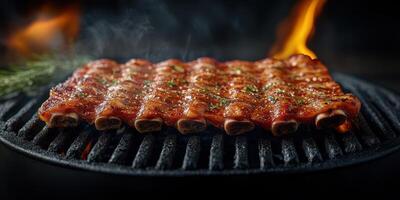 Delicious barbecue ribs grilling on a smoky barbecue with flames and herbs in a backyard setting photo