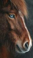 Close-up portrait of a brown horse with striking blue eye and expressive features photo