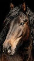 Majestic dark horse with a flowing mane stands confidently against a dark background, showcasing its beauty and strength photo