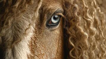 Curly-haired horse gazes with striking blue eye in close-up shot capturing unique details photo