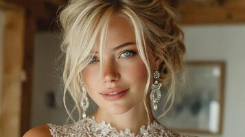 Elegant bride with radiant smile posing indoors before wedding ceremony in a rustic setting photo