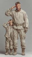 Soldier and child performing a salute in military uniforms during a solemn moment of respect and honor at a military event photo