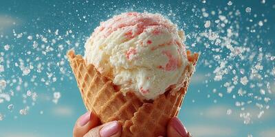 Delicious ice cream cone with a creamy swirl and sprinkles enjoyed on a sunny day photo
