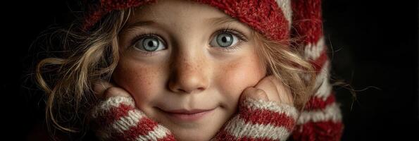 Smiling child with bright eyes wearing a red and white knitted hat and gloves during winter season indoors photo