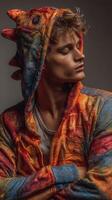 Young man poses confidently in colorful, textured hoodie against a neutral background during a studio session photo