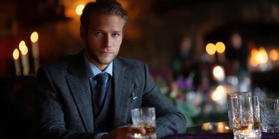Elegant man enjoying a drink in a dimly lit setting during a social gathering or celebration in the evening photo