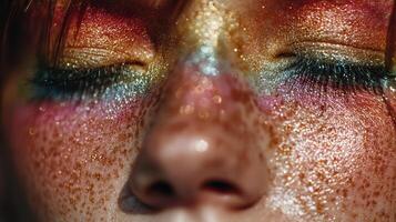 Vibrant close-up of a face showcasing bold makeup and expressive features during a creative artistic event photo