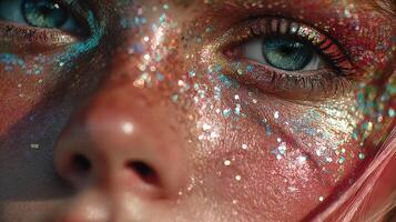 Close-up of a person's face with glitter and colorful makeup at an artistic festival during sunset in an urban setting photo
