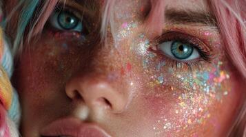 Close-up of a person with colorful glitter on their face and vibrant hair during a creative photoshoot outdoors photo