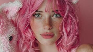 Young woman with pink hair poses with a soft toy against a pastel pink background at a serene moment in a cozy room photo