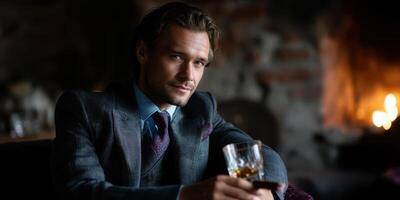 Man in elegant suit enjoying a drink by a cozy fireplace during a winter evening gathering photo