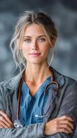 Medical professional with a stethoscope shows confidence in a clinical setting during the day photo