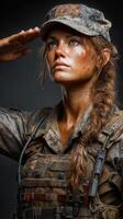 Strong female soldier saluting with determination in a military uniform during a solemn moment of pride photo