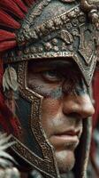 Warrior wearing ornate armor with a fierce gaze during a reenactment in a historical festival photo