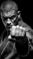 Skilled martial artist displays intense focus and determination during practice session in training facility photo