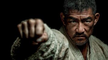 Martial artist practicing a powerful punch during an intense training session in a dimly lit dojo photo