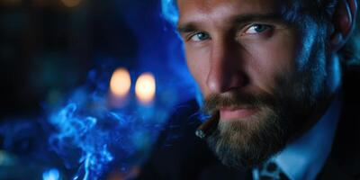 Smartly dressed man enjoys cigar in a dimly lit lounge with blue lighting at night photo