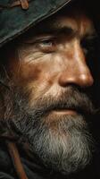 Portrait of a weathered man with deep expressions and a notable beard, showcasing the passage of time and experience photo